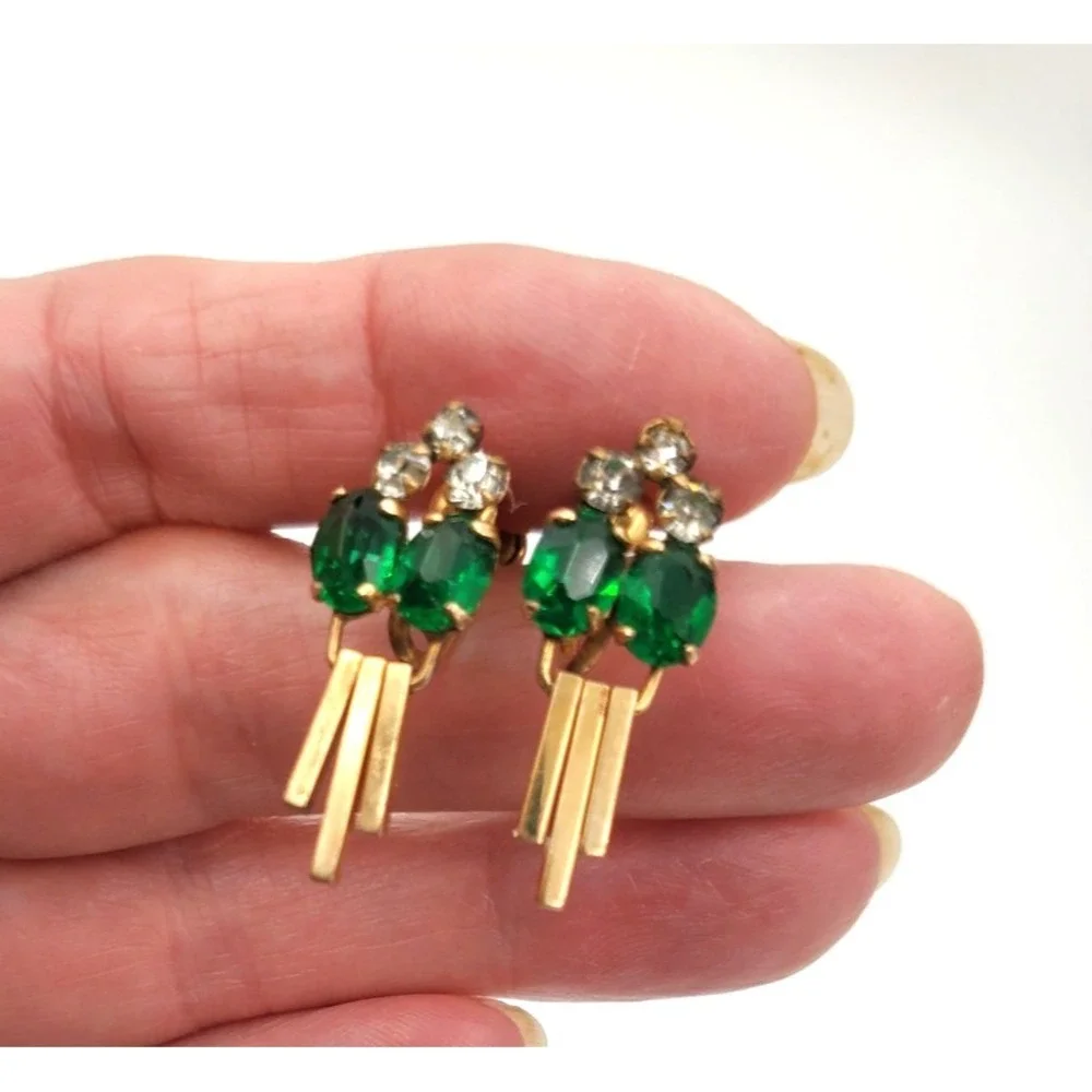 Vtg M&S Gold‎ Filled Brooch Screw Back Earrings Green Crystal Articulated Fringe
